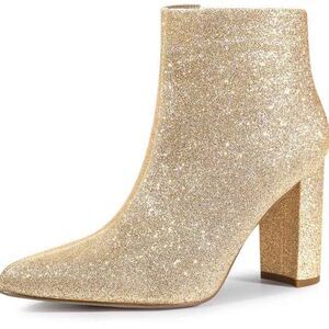 Perphy Glitter Pointed Toe Chunky Heels Sparkly Booties Ankle Boots for Women